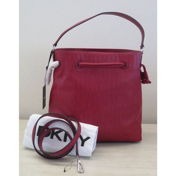 DKNY R13JVP96 Red Signature Logo Jody Drawstring Bucket Tote Shoulder Bag $178 - Picture 3 of 14
